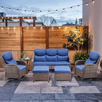 HUMMUH 6-Piece Outdoor Wicker Patio Furniture Set with Swivel Glider Chairs, 3-Seat Sofa & Ottomans 5” Olefin Cushions Ergonomic Neck-Lumbar Backrest All-Weather Rattan for Garden, Deck, Porch