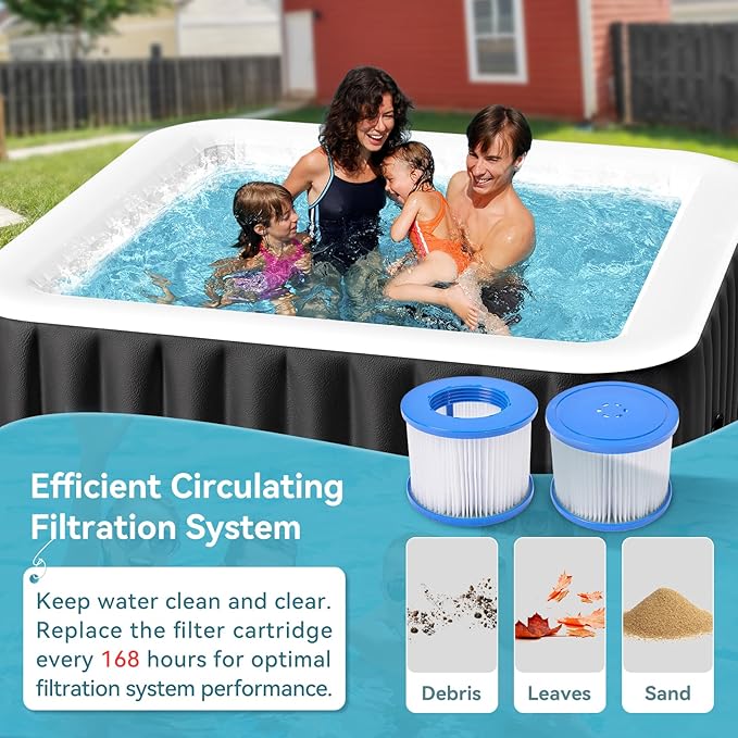 Blow Up Inflatable Hot Tub, 4-6 Person Large Square Portable Hot Tub, Leak-Proof PVC Outdoor Spa with 130 Air Jets, Heater Pump and Insulated Cover, 73” X 73”X 25”