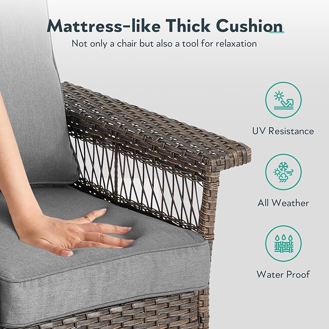 6 Pieces Wicker Patio Furniture Set - Hollow Widen Armrests Outdoor Swivel Glider Chairs and 3 Seat Sofa with Coffee Table & Ottomans for Balcony Porch Deck and Yard - Brown/Gray