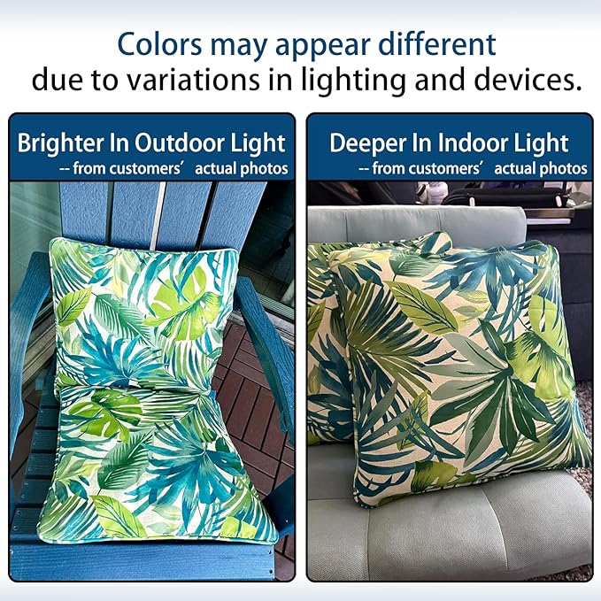 Outdoor Throw Pillow with Insert 18x18 Inch, Set of 2, Piping Edge Waterproof Fade Resistant Decorative Fluffy Pillows for Patio Furniture Chair Bench Couch Sofa - Green Palm Leaves