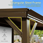 Domi 10’x12’ Lean-to Gazebo, Hardtop Wall-Mounted Gazebo Pergola with Sloping Galvanized Steel Roof and Upgraded Drainage System, Outdoor Permanent Metal Shelters for Patio Backyard Deck, Brown