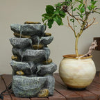 Solar Powered Water Fountain, 5 Tier Cascading Stone Design Feature Outdoor Fountains Waterfalls with Light, Pump Solar Panel for Patio, Deck, Porch, Backyard Home Decor,19.3" H
