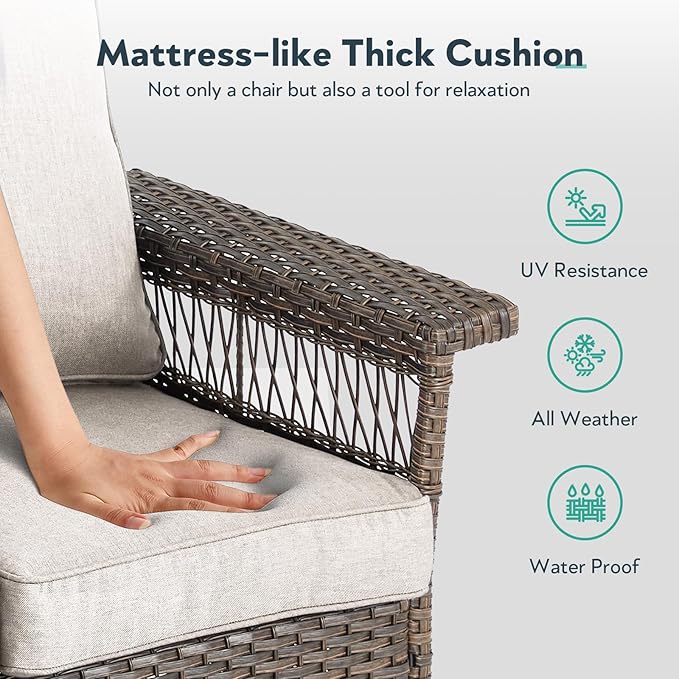 5 Pieces Wicker Patio Furniture Set - Hollow Widen Armrest Outdoor Swivel Glider Chairs with Side Table & Ottomans, Small Patio Conversation Set for Balcony Porch Deck and Yard - Brown/Beige