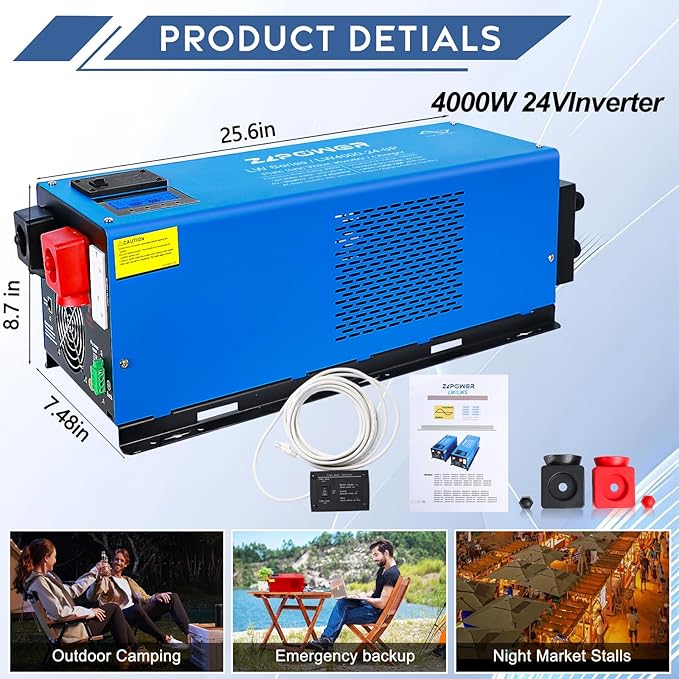 ZLPOWER 4000W 24V DC Pure Sine Wave Inverter, 12000W Peak, 120V/240V AC Split Phase Output with Battery Charger, LCD Display, Off-Grid Low Frequency Inverter for Home RV Camping (4000W)