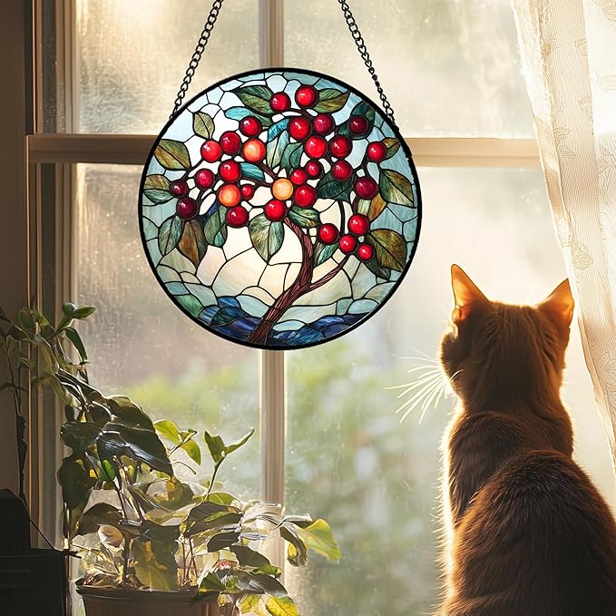 CRIS GIF Stained Glass Window Hanging - Red Fruit Tree Landscape Suncatcher for Doors Garden Patio Sun Catchers Decor Christmas Mother's Day Birthday Gifts for Women Men Mom Nana Friend 15 in