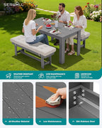 SERWALL Patio Dining Set for 4, Outdoor Dining Sets for 4 Person with 1 Umbrella Hole Cut-Out Rectangular Table and 2 Benches, HDPE Dining Sets for Garden, Backyard, Poolside, Gray