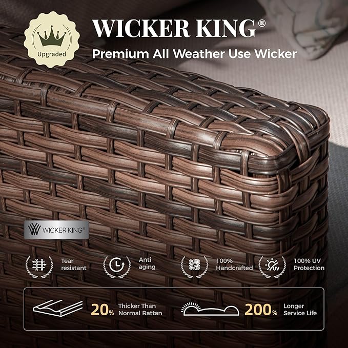 Patio Furniture Set, 8 Pcs Wicker Rattan Outdoor Conversation Set, 4 x Leg Chairs, 1 x 3 Seater Sofa and 2 x Ottomans with 4" Thick Cushion and 32" Fire Pit Table, Beige