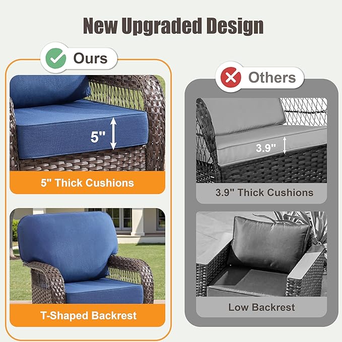 6 Pieces Patio Furniture Set Outdoor Sectional Sofa Couch with Rocking Swivel Chairs 5" Deep Seat Chairs, 2 Sofa Sets Modern Wicker Rattan Conversation Set, Blue/Brown Wicker