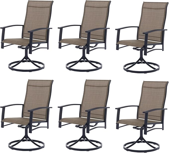 Outdoor Patio Swivel Dining Chairs Set of 6, All-Weather Swivel Rocker Chairs with Textilene High Back and Black Rust-Proof Metal Frame, Perfect for Patio, Lawn, Garden, or Backyard, Mocha