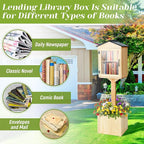 Wooden Library Box Outdoor Library, Double Outdoor Box Storage with Floor Plugs and Small Flower Fence for DIY, Community, Literature, School(Natural Wood,Steepletop)