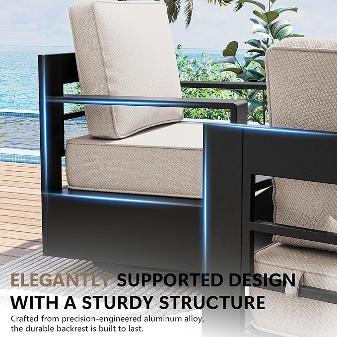 Outdoor Patio Furniture Set, 4-Piece Aluminum Patio Conversation Set All-Weather Metal Outdoor Sectional with 6 Inch Thick Cushions, Deep Setting for Garden, Outside and Porch
