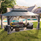 YOLENY 12' x 16' Hardtop Gazebo, Permanent Outdoor Aluminum Patio Gazebo with Aluminum Composite Double Roof for Patio Lawn and Garden, Curtains and Netting Included
