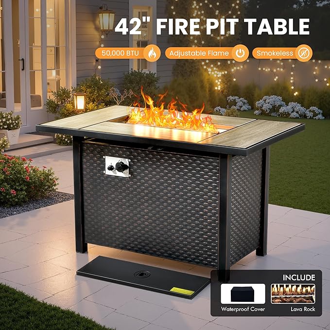Outdoor Sectional Patio Furniture Set with Fire Pit Table and Glowing Table,8 Pieces Wicker Conversation Sets L Shaped Couch Out Door Sofa Set Outside Furniture for Garden Deck Yard,Red