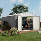 Devoko 10x14 FT Outdoor Storage Shed, Large Metal Storage Sheds with Lockable Door, Utility Garden Tool Shed with Sloping Roof, Outside Steel Storage Sheds for Patio Lawn Backyard, Gray