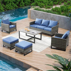Rilyson Wicker Outdoor Patio Furniture Set - 6 Piece Patio Conversation Set with 2 Armrest Chairs,2 Rattan Ottoman,1 Couch and 1 Metal Side Table for Outside Porch Deck Backyard(Mixed Grey/Blue)