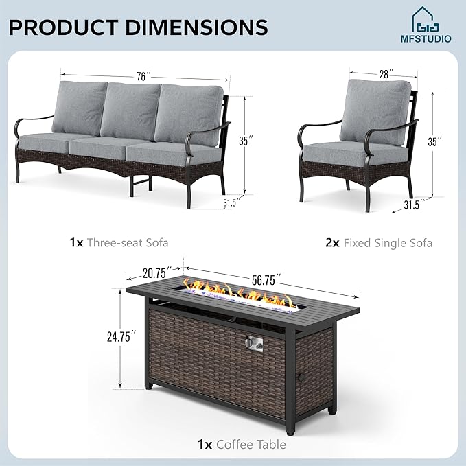 MFSTUDIO 4 Pieces Outdoor Patio Furniture Set, Metal Outdoor Conversation Set, Rattan Wicker Patio Sectional Set with 2 x Fixed Single Sofa, 3-Seat Sofa, 1 x Fire Pit Table, Grey