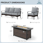 MFSTUDIO 4 Pieces Outdoor Patio Furniture Set, Metal Outdoor Conversation Set, Rattan Wicker Patio Sectional Set with 2 x Fixed Single Sofa, 3-Seat Sofa, 1 x Fire Pit Table, Grey