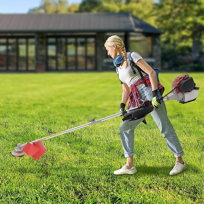 36CC Weed Wacker Eater Gas Powered, 2-Cycle 5.74FT String Trimmer/Edger with Two Blade Heads, Lawn Mower Hedge Trimmer with Rubber Handle & Shoulder Strap