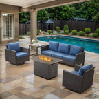 5 Piece Wicker Patio Furniture with Fire Pit Table - Outdoor Conversation Set with 50,000 BTU Fire Pit, All Weather Rattan Patio Set for Deck Backyard Garden - Brown Wicker Blue Cushion