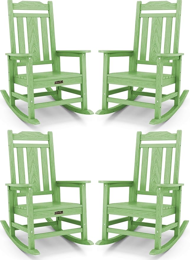 SERWALL Outdoor Rocking Chair Set of 4, Patio Rocking Chairs Set, HDPE Rocking Chair Outdoor for Adults, Heavy Duty Front Porch Rocker, Mint