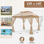 11x11 Outdoor Pop up Gazebo Tent with Mesh Walls for Patio, Lawn, Backyard and Deck, Khaki