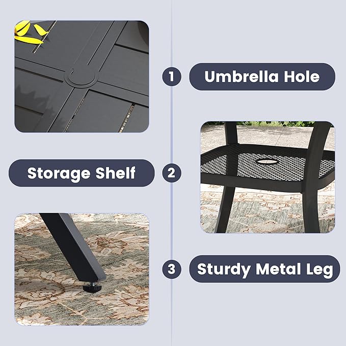 VICLLAX Outdoor Patio Round Dining Table, 47.2"x 47.2" Spliced Metal Tabletop with Storage Shelf for Deck Lawn Garden Backyard, Black