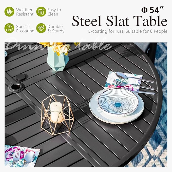 Sophia & William Round Patio Table and Chairs Set, Outdoor Dining Set for 6, 7 Piece Metal Patio Furniture, 54" Black Table(Geometry)