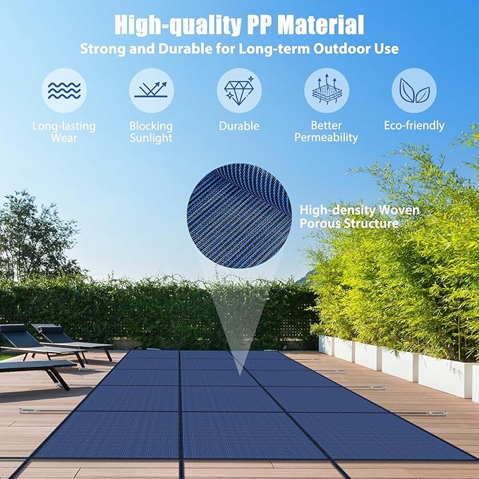 Inground Pool Cover Safety Fits Rectangle Swimming Pool, Mesh Solid Pool Cover for Inground Pools,Winter Pool Safety Cover Includes Safety Net and Installation Tools Blue (Blue, Fits 16x32ft Pools)