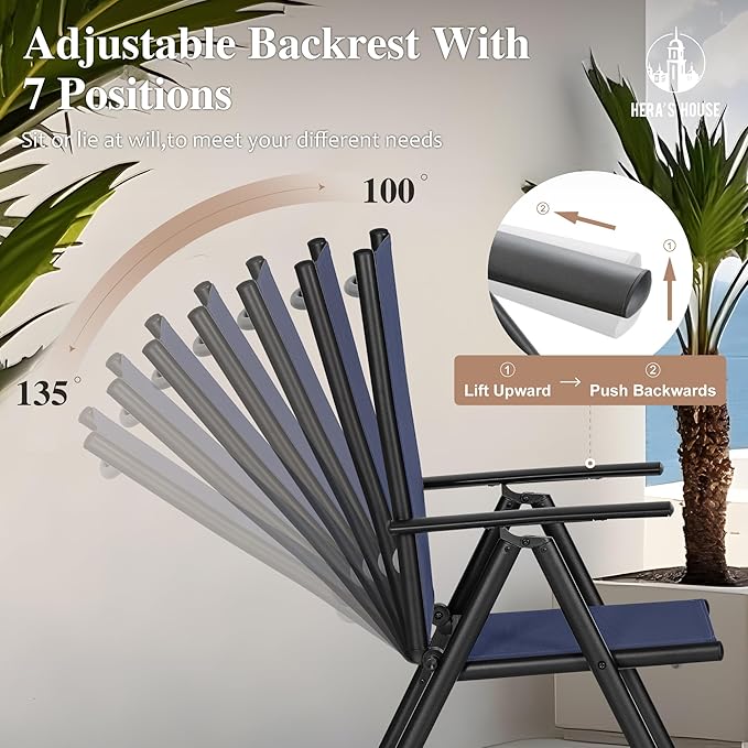 HERA'S HOUSE 7-Piece Outdoor Dining Set for 6, 64" Weather-Resistant Metal Patio Table with 6 Foldable Blue Chairs, Perfect for Garden, Backyard, Porch & Lawn (Space-Saving Design)