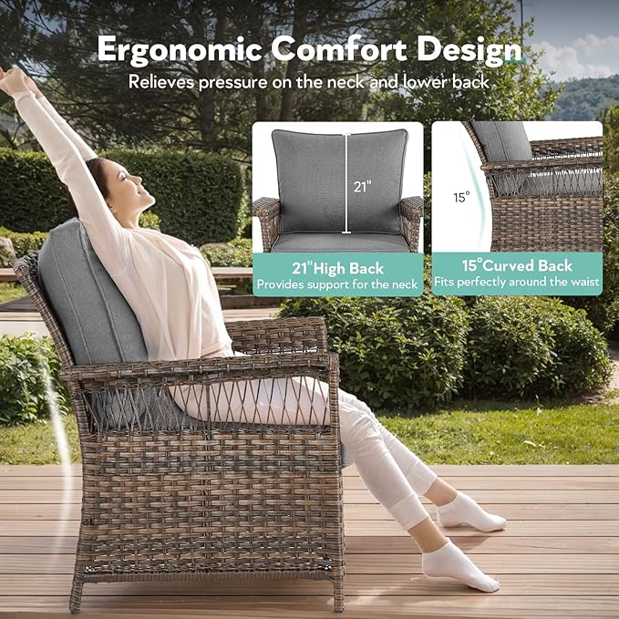5 Pieces Wicker Patio Furniture Set - Hollow Widen Armrests Outdoor Rattan Chairs with Ottomans and Side Table, Small Patio Convention Set for Balcony Porch Deck and Yard - Brown/Gray