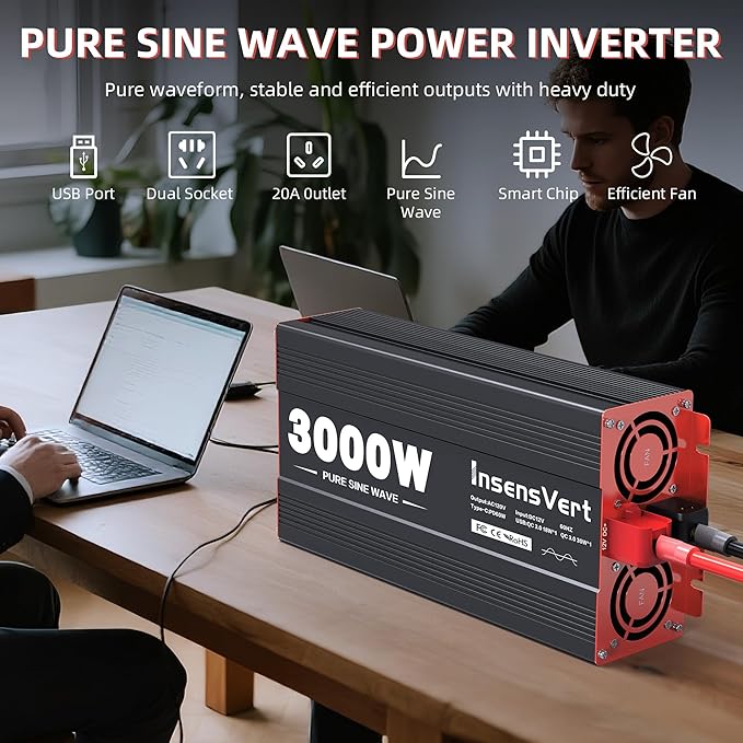 3000W Pure Sine Wave Inverter, Car Power Inverter 12V to 120V AC Converter for RV, Truck, Solar, Outdoor with Dual AC and 20A Socket, 18W+30W USB, PD60W, Surge 6000W, Remote Control(3000W-12V)