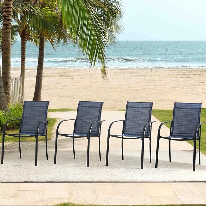 Outdoor Dining Chairs Set of 6, Stackable Patio Chairs with Textilene Fabric, Lightweight Garden Chairs for Poolside, Backyard, Camping, Dark Blue