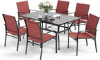 7 Piece Patio Dining Set for 6, Rectangular Metal Dining Table with Umbrella Hole and 6 Chairs, Outdoor Table and Chairs Set for Lawn Backyard and Deck, Red