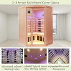 Ceramic Infrared Sauna 2-3 Person Infrared Saunas for Home Low EMF Indoor Home Sauna Spa Hemlock Wooden Corner Sauna Room with Bluetooth Speakers, LED Reading Lamps, Chromotherapy Lights