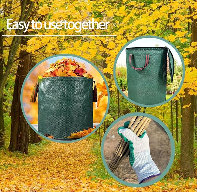 Garden Bags for Leaves, Leaf Bags Reusable Zippered Top with Yard Leaf Collector Bag Heavy Duty with 4 Handles Garden Leaf Bag Leaf Collector Come with Gloves (80Gallon)
