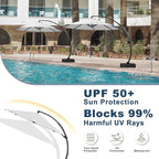 12FT Cantilever Umbrella with Base Large Curvy Outdoor Aluminum Offset Umbrella w/ 360° Rotation, UV Resistant Canopy for Patio, Garden, Backyard, Light Gray