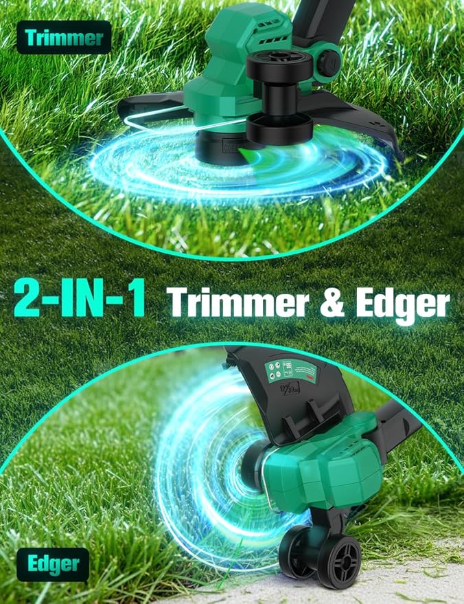 KIMO 12 Inch Cordless Weed Wacker Battery Operated w/ 2 x 2.0Ah Batteries, 2-in-1 String Trimmer & Edger with Charger & Wheels, 6pcs Replacement Spools, Fast Charger, 20V Weed Trimmer for Lawn Yard