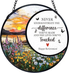 TNUW Retirement Gifts Flower Stained Glass Window Hanging, Difference Maker Gift Sun Catchers Indoor Window Glass Round Wall Art Decor, Retired Gifts for Woman Wall Hanging Decorations, 7.9＂x7.9＂