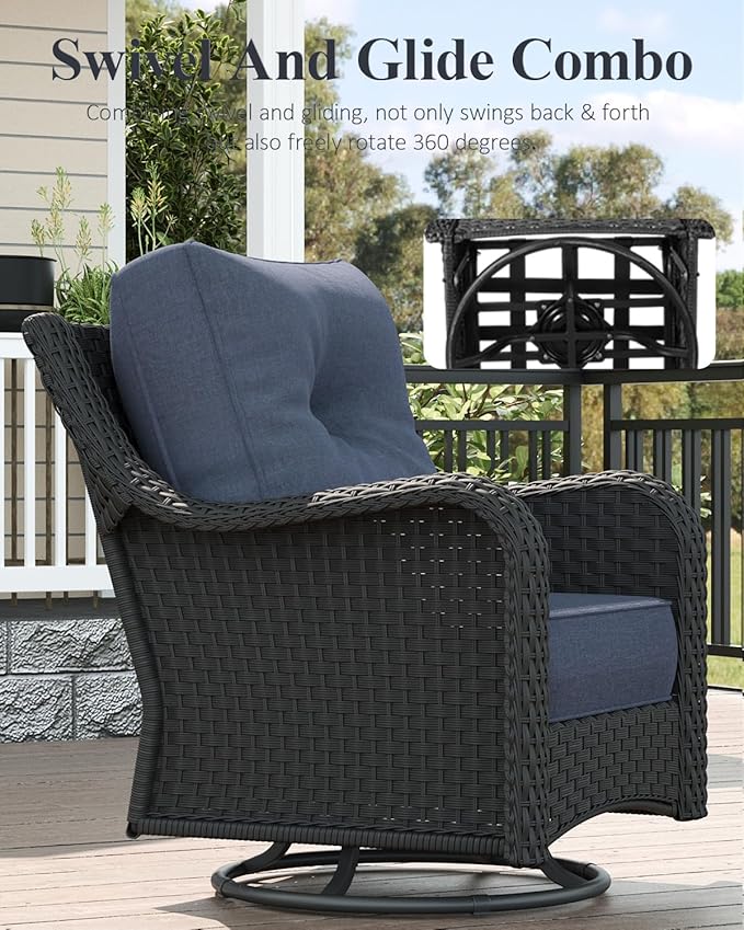 LayinSun 7 Piece Wicker Outdoor Furniture Set with 6-inch Comfy Cushions, High Back Patio Furniture Set with Swivel Rocking Chairs and Fire Pit Table