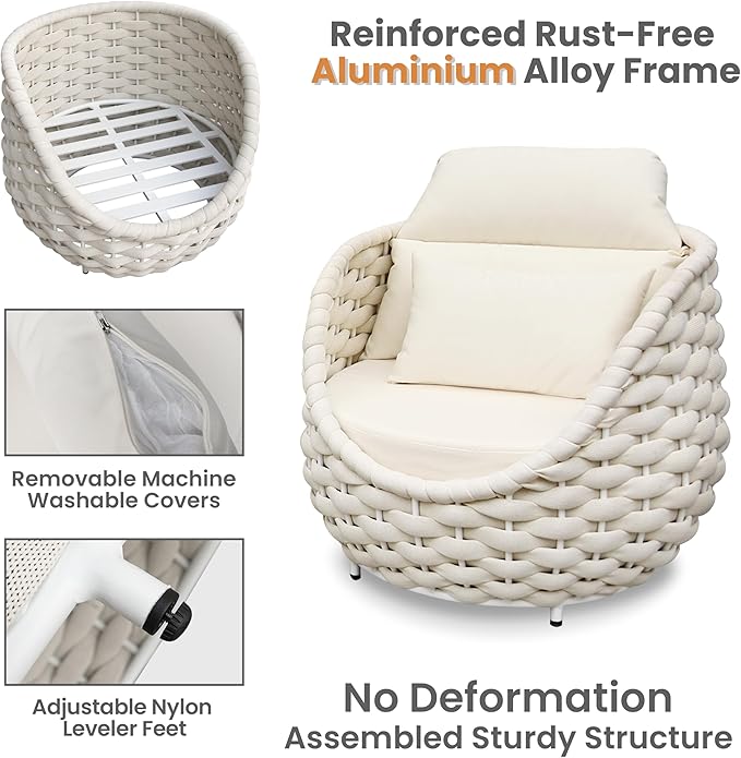 Patio Accent Chairs: Aluminum Porch Lounge Chair with Arms - Woven Rope Cushioned Armchair - Modern One Seater Sofa - Outdoor Deck Furniture for 400lbs Balcony Yard Garden Hotel, Beige
