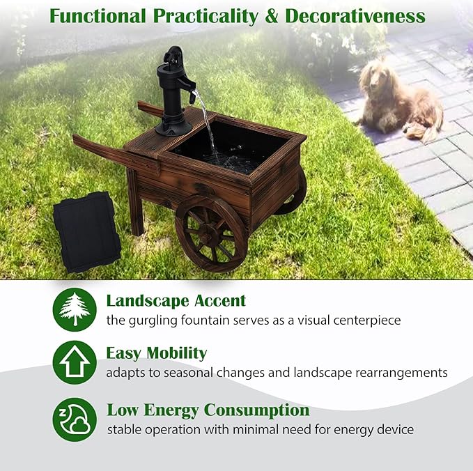 Carbonized Wood Outdoor Freestanding Fountain - Movable Vintage Hand Pump Cart, Solar-Powered Electric Decorative Water Feature for Patio, Garden & Indoor Decoration