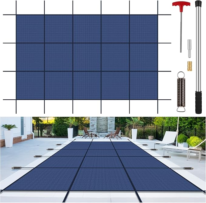 Inground Pool Cover Safety Fits Rectangle Swimming Pool, Mesh Solid Pool Cover for Inground Pools,Winter Pool Safety Cover Includes Safety Net and Installation Tools Blue (Blue, Fits 16x32ft Pools)