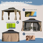 Domi 10' X 12' Hardtop Gazebo Permanent Outdoor Gazebo with Galvanized Steel Double Roof, Aluminum Frame, Curtains and Netting for Patio Lawn and Garden, Brown
