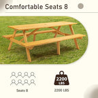 Picnic Table with Bench for 8 Person Outdoor Wooden Rectangle Table for Patio Garden Backyard Large Outside Dining Table Set with Umbrella Hole 6.25FT