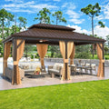 YOLENY 12' x 18' Gazebo Hardtop with Aluminum Frame,Galvanized Steel Double Roof Gazebos with Curtain and Netting,Outdoor Metal Pergolas for Garden, Lawn, Deck, Brown