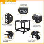 RIVECO 9U Open Frame Server Rack with Casters- Heavy Duty 4 Post Quick Assembly 19-inch, Stereo Rack Network Cabinet Black