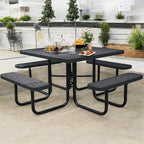 46Inch Square Picnic Table for 8 Person, Outdoor Heavy Duty Sturdy Picnic Tables with 4 Benches & Umbrella Hole, Commercial Metal Patio Picnic Table for Garden, BBQ, Coffee Store, Party, Porch (Black)