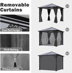 10x10FT Gazebo Hardtop, Outdoor Patio Gazebos with Polycarbonate Roof & Steel Frame, Outdoor Pavilion with Gray Curtain&Netting for Backyard/Lawn/Garden/Deck