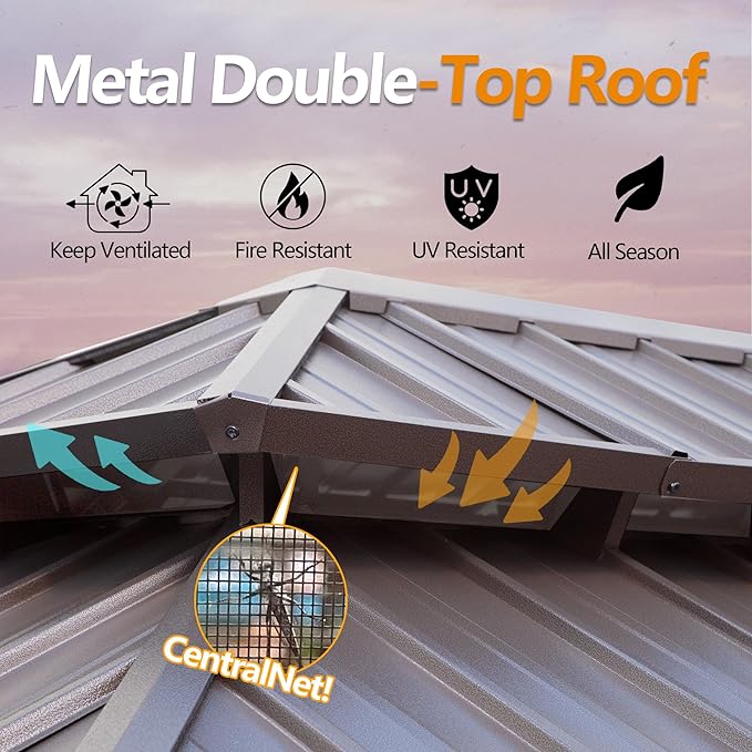 12' x 16' Outdoor Hardtop Gazebo Aluminum Frame with Double Metal Roof, Canopy Netting, Curtain, Patio Permanent Galvanized Steel Gazebo for Backyard, Garden, Party, Deck, Lawn