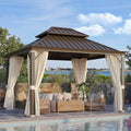 YOLENY 10' x 12' Gazebo, Galvanized Steel Double Roof Hardtop Gazebo with Aluminum Frame, Permanent Outdoor Metal Pavilion with Curtain and Netting for Patio, Lawn and Garden